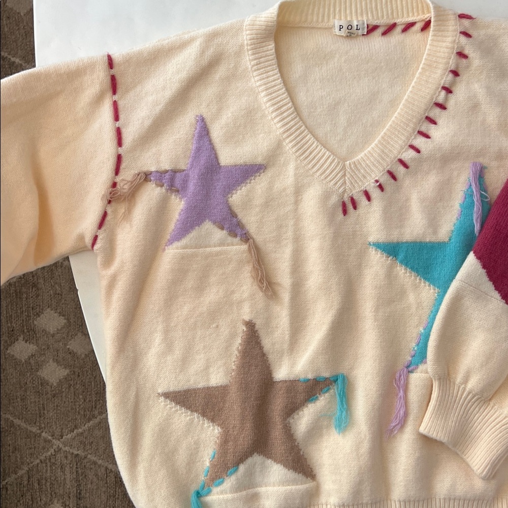 Pol Patchwork Star Sweater - Beige V Neck Thick K… - image 4